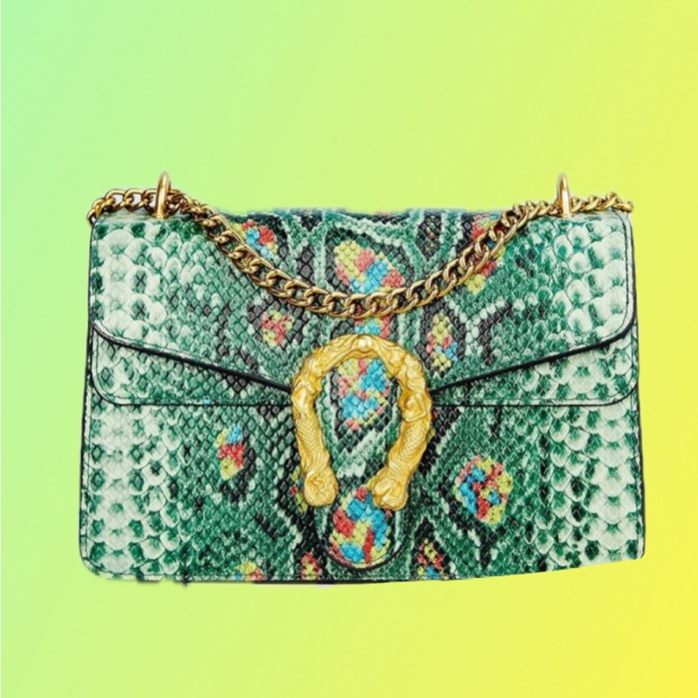 Luxury Green SnakeskinVegan Leather Gold Chain Purse Crossbody Satchel Bag - Picture 2 of 9
